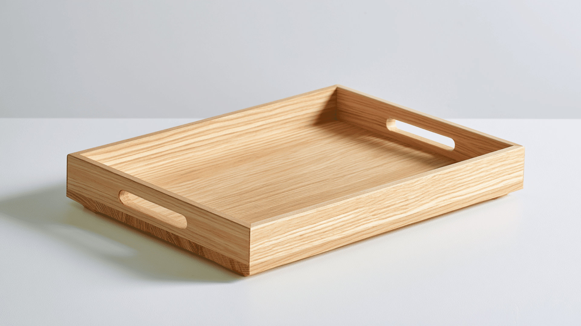 finished wooden serving tray made from smooth natural wood with clean edges and built-in side handles, light matte finish, placed on a simple table setup with soft indoor lighting