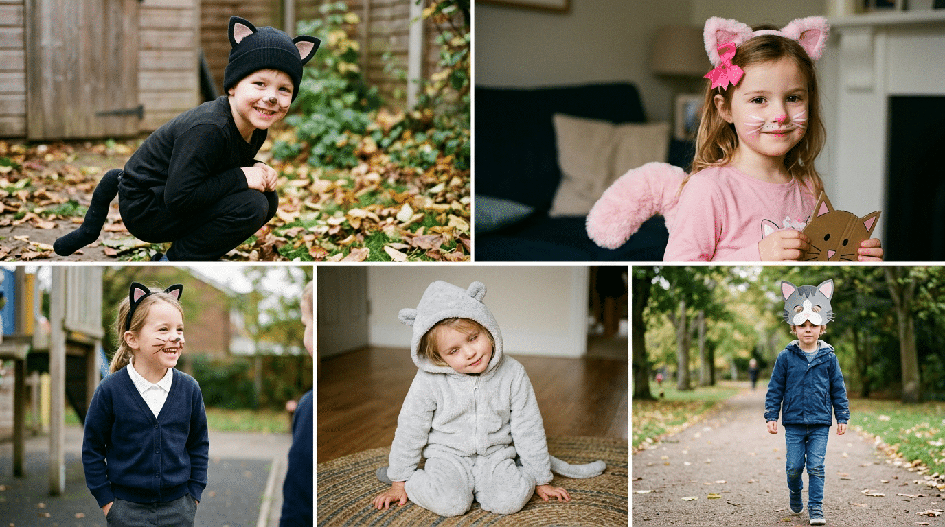 five kids in diy cat costumes black cat hoodie outdoors, pink kitten with bow indoors, school uniform with cat ears, grey fleece cat suit, and cardboard cat mask in a park