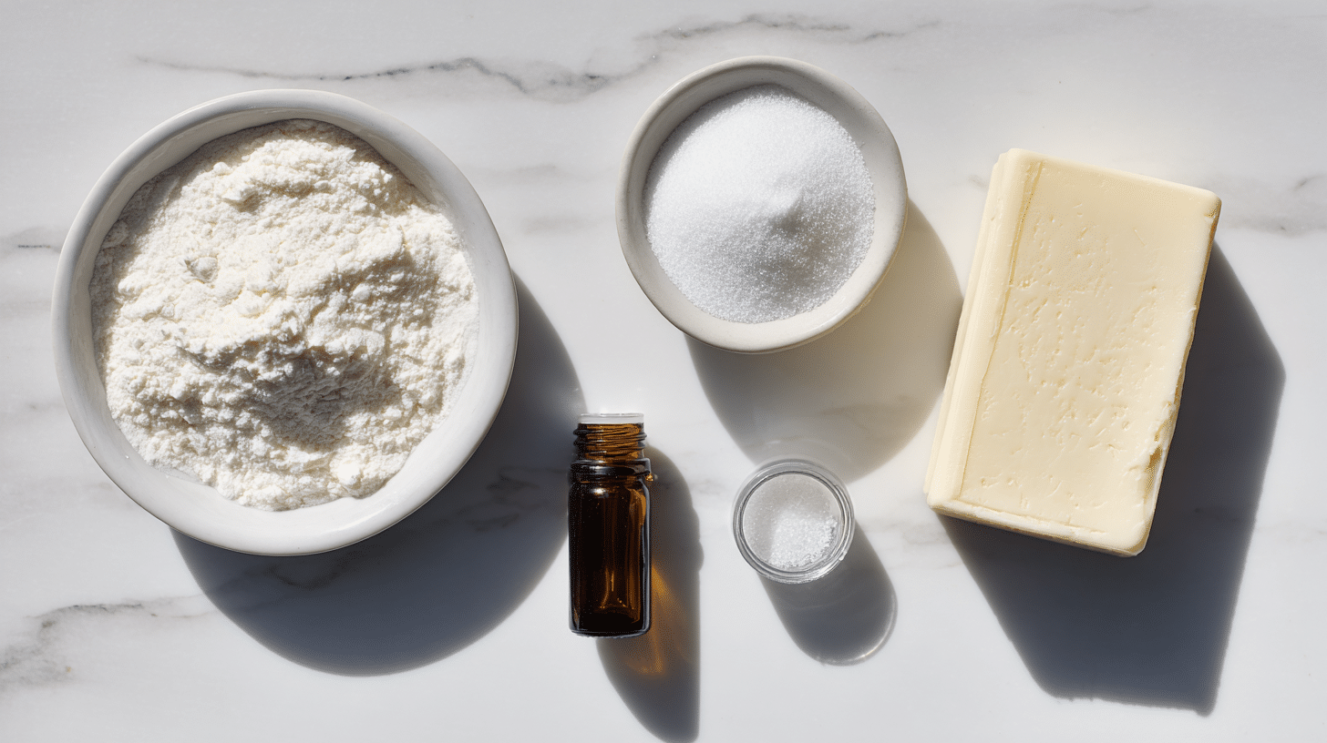 flat lay of homemade laundry detergent ingredients including soap, washing soda, borax, and essential oil on marble surface