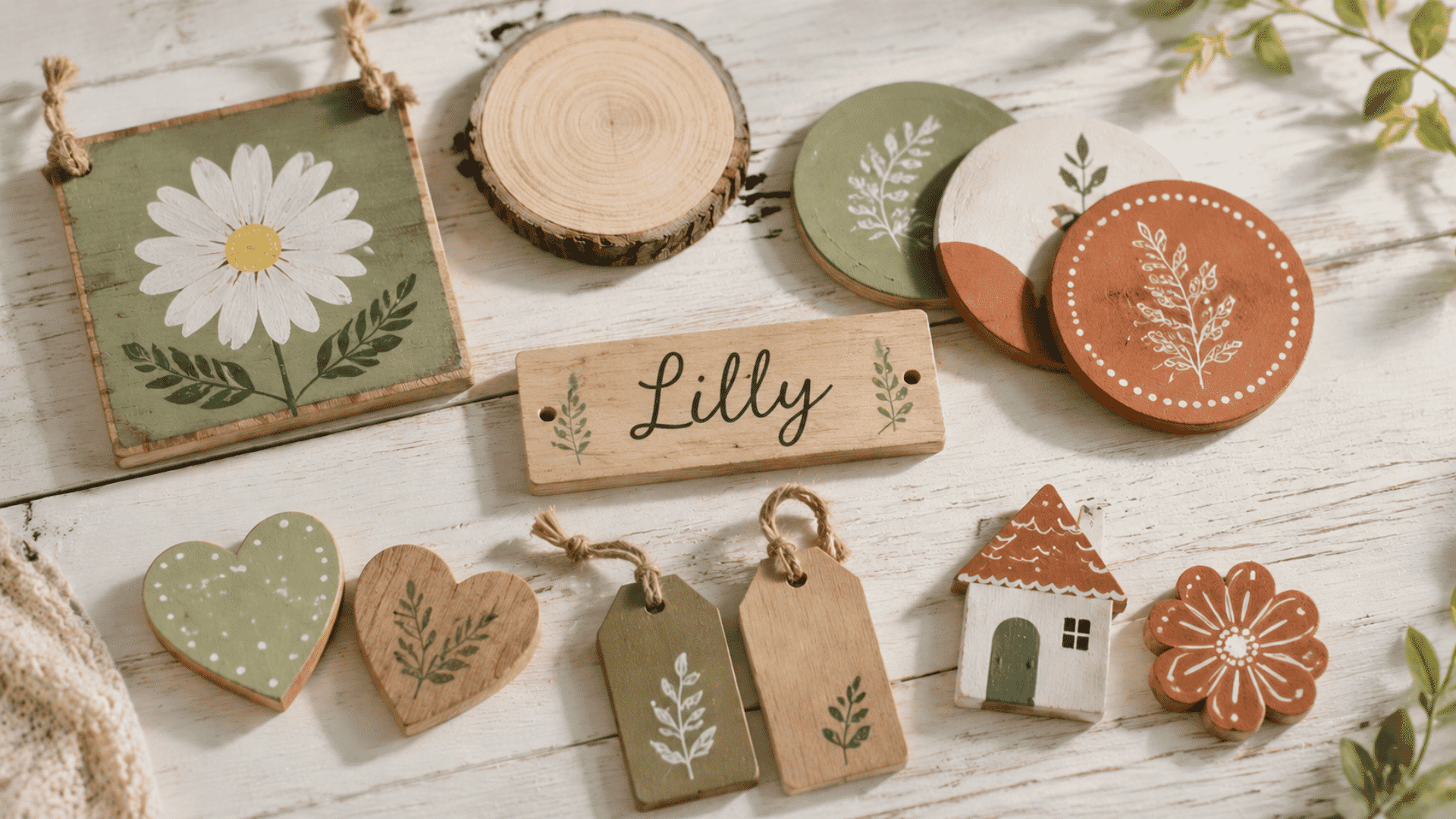 flat-lay photo of an assortment of small diy wood craft items arranged together on a warm white wooden table surface the collection includes a small painted sign board, a wood slice, a few painted