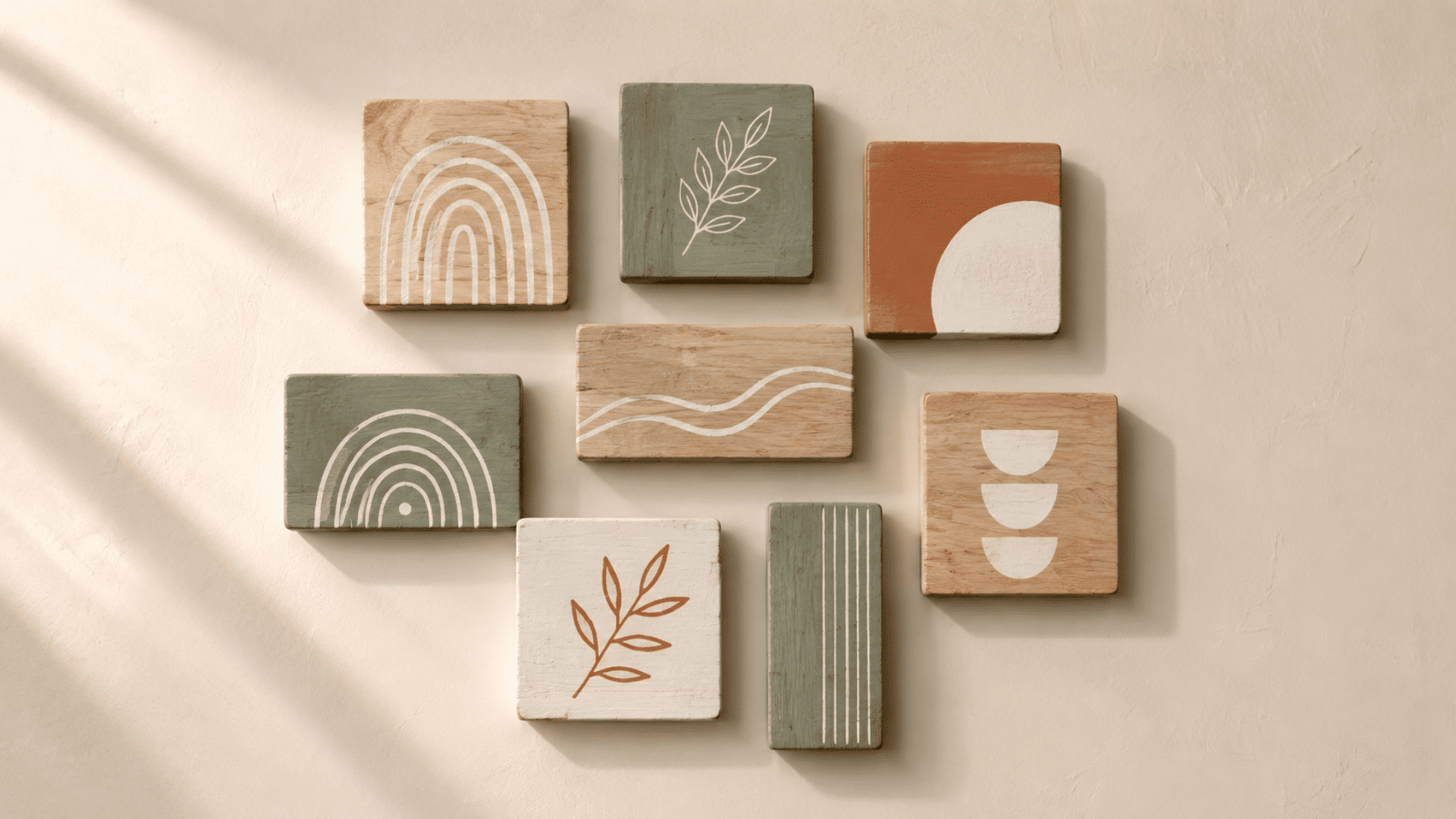 flat-lay photo of mini wooden wall art panels arranged on a light neutral background the panels are small square and rectangular pieces of raw and painted wood in muted tones of white, terracotta,