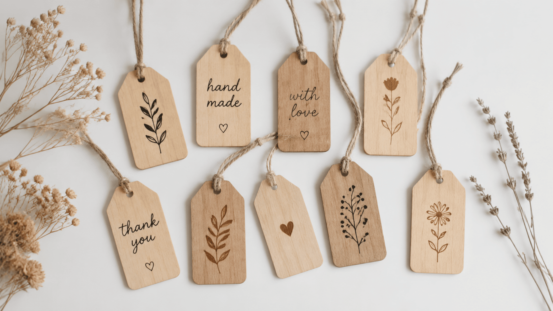 flat-lay photo of small wooden gift tags arranged on a clean white surface the tags are cut into simple rectangle shapes with rounded edges and a small hole at the top with natural twine threaded