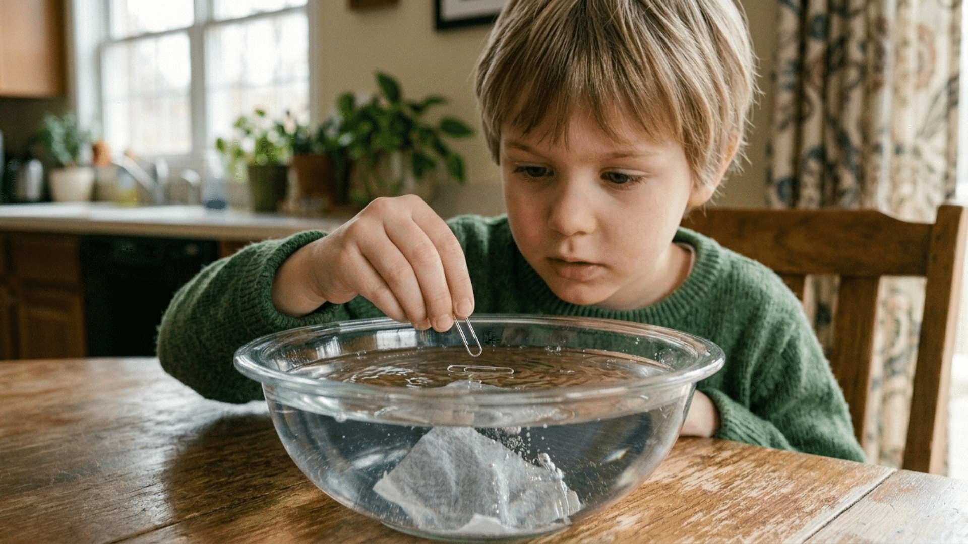 child demonstrating a floating paper clip experiment using tissue and a bowl of water