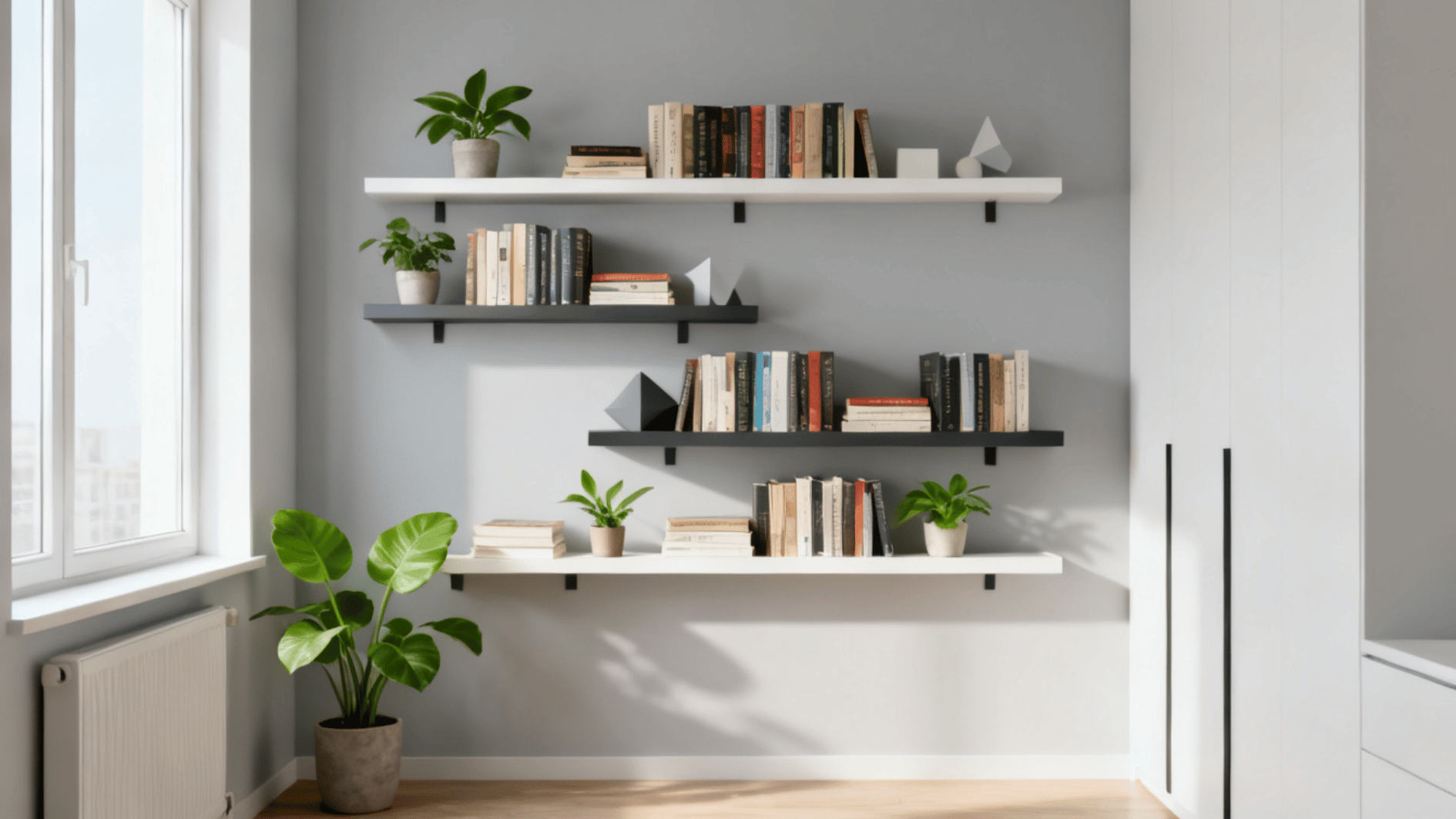 floating shelves with books and plants beside a wardrobe in a bright room