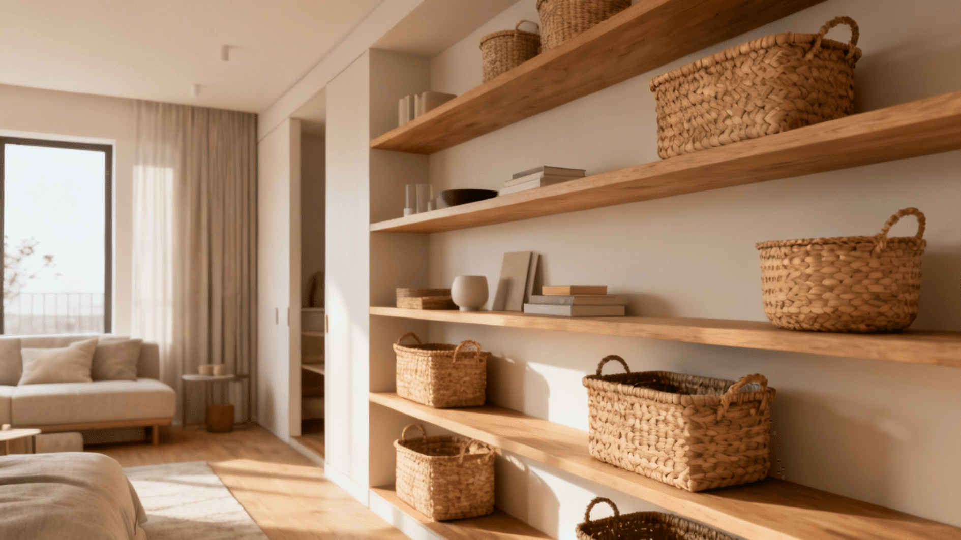 floating wooden shelves with woven baskets for organized storage in a bright living space