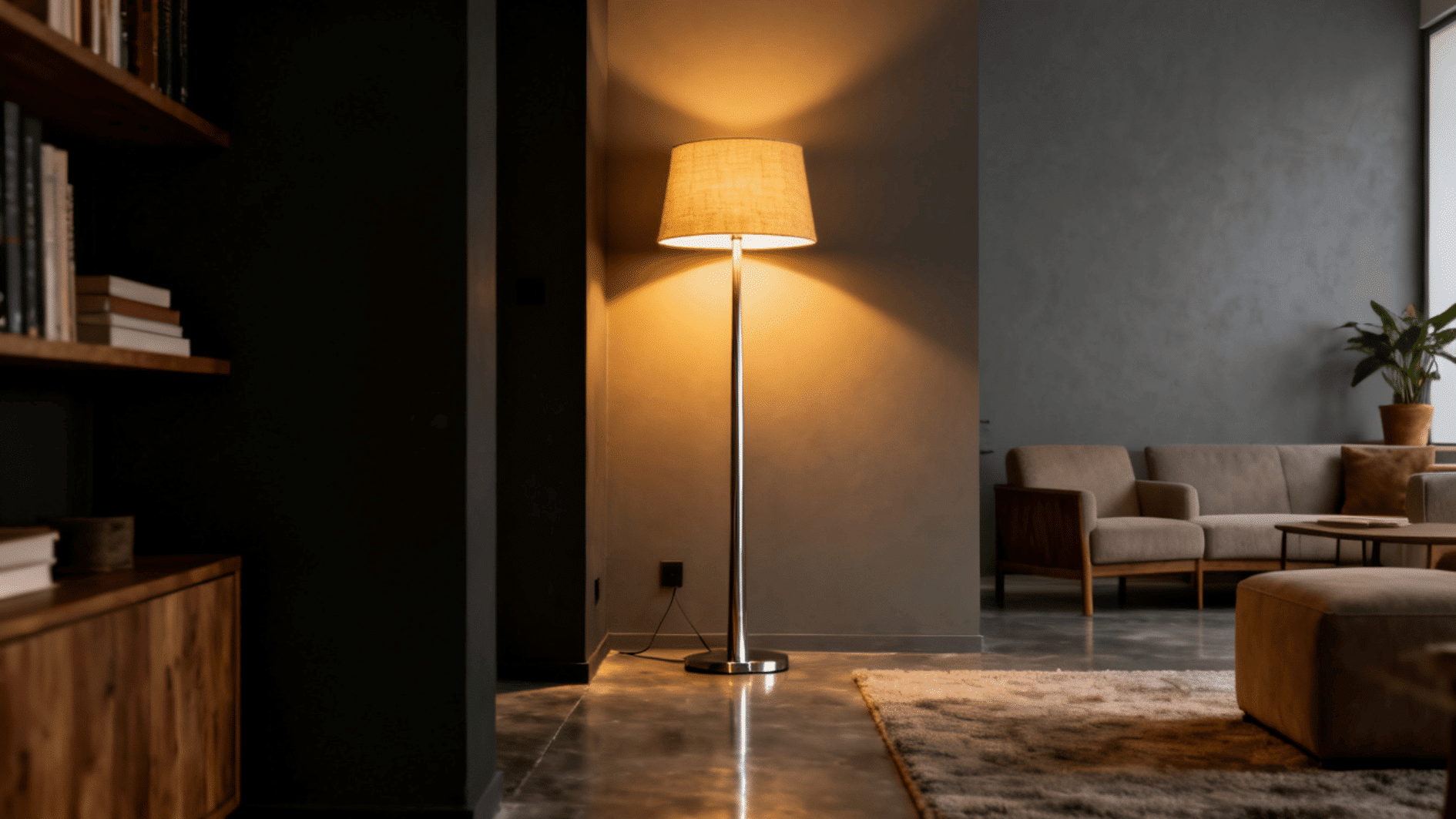 floor lamp casting warm ambient light beside built in shelving and a modern seating area at dusk