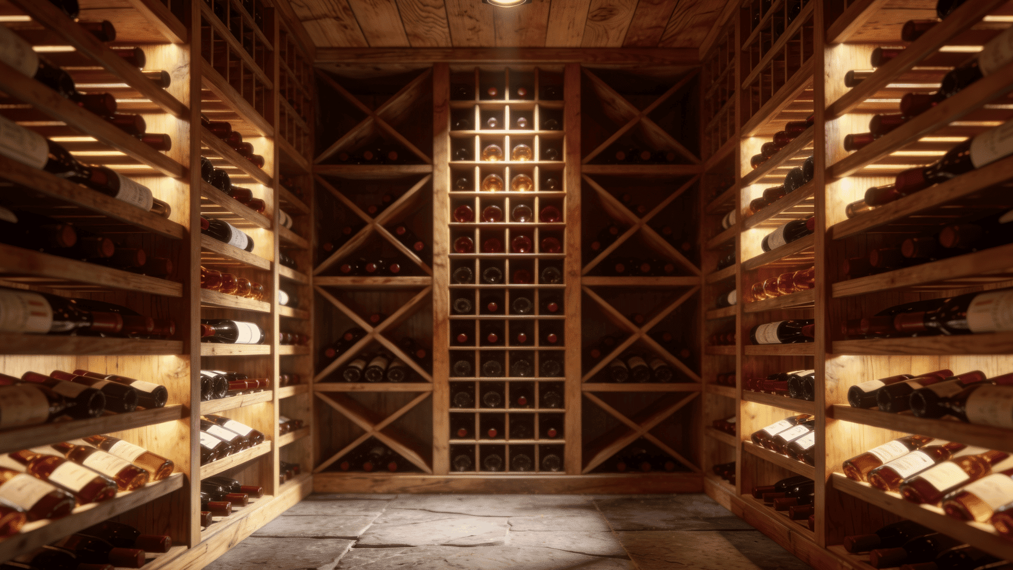 floor to ceiling wooden lattice wine rack system filling cellar wall with hundreds of bottles