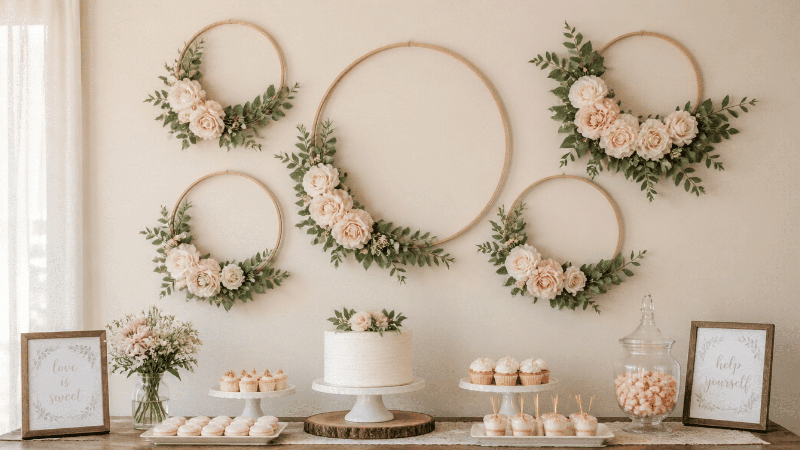DIY floral hoop decor with flowers and greenery above a shower dessert table.