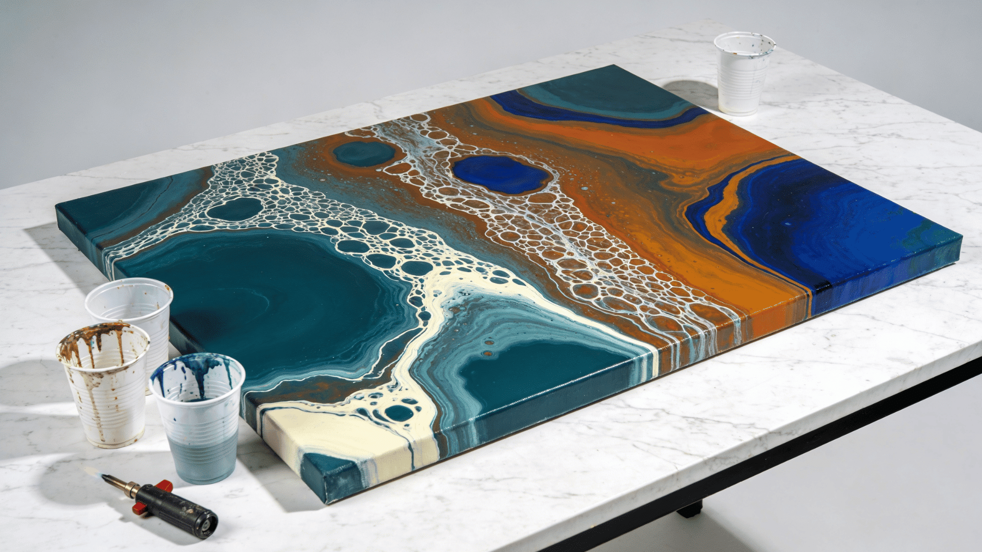 fluid pour painting canvas with swirling teal orange blue and cream cells on marble table with paint cups nearby