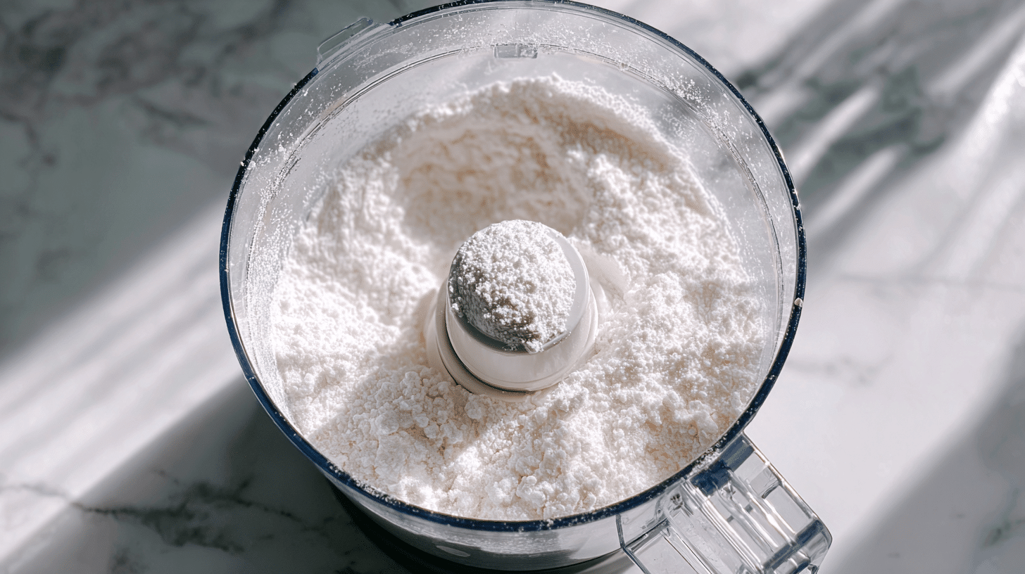 food processor filled with homemade laundry detergent powder, blending ingredients into a fine, even texture for storage