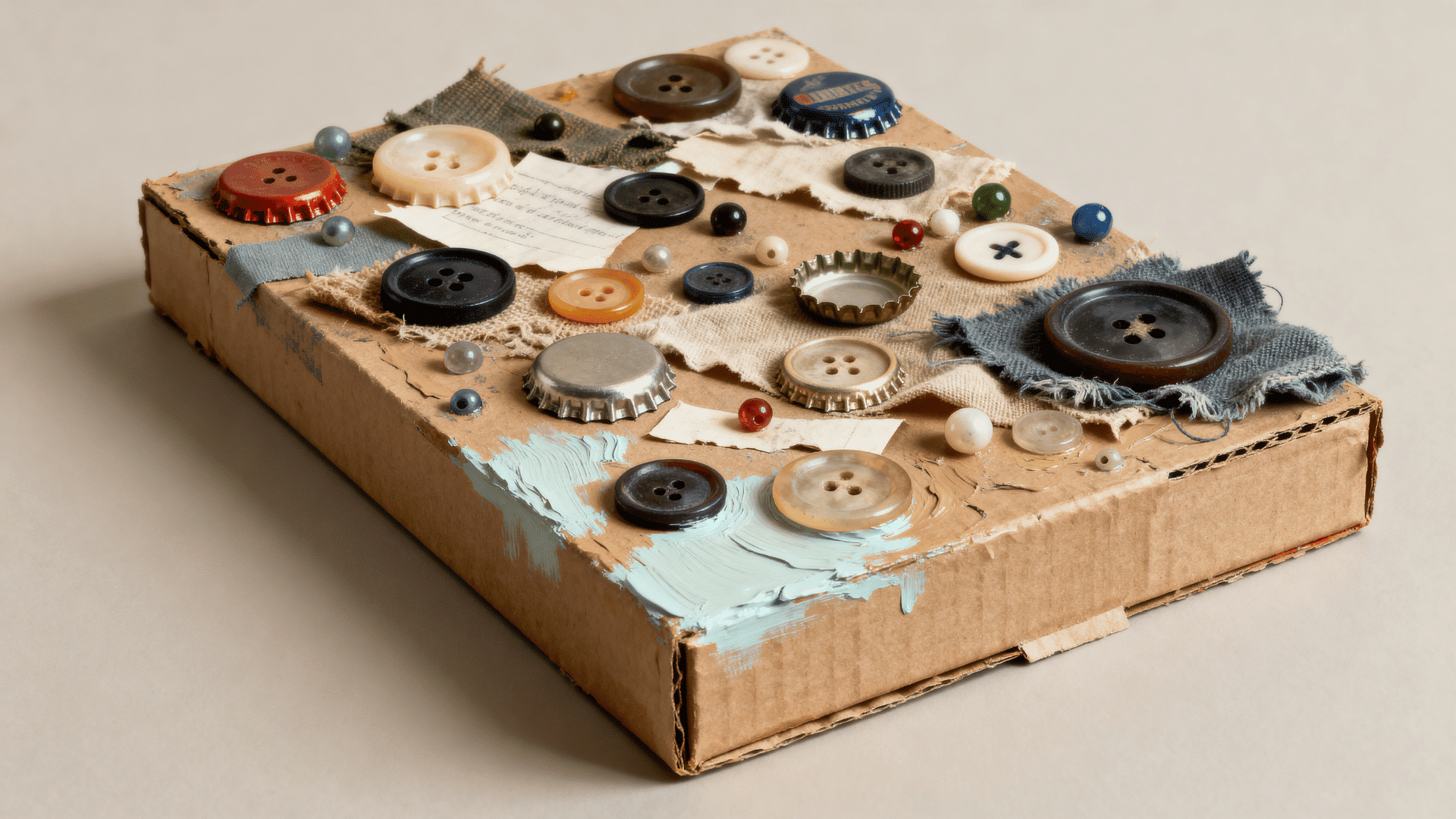 found object texture board with buttons caps fabric and painted raised surfaces