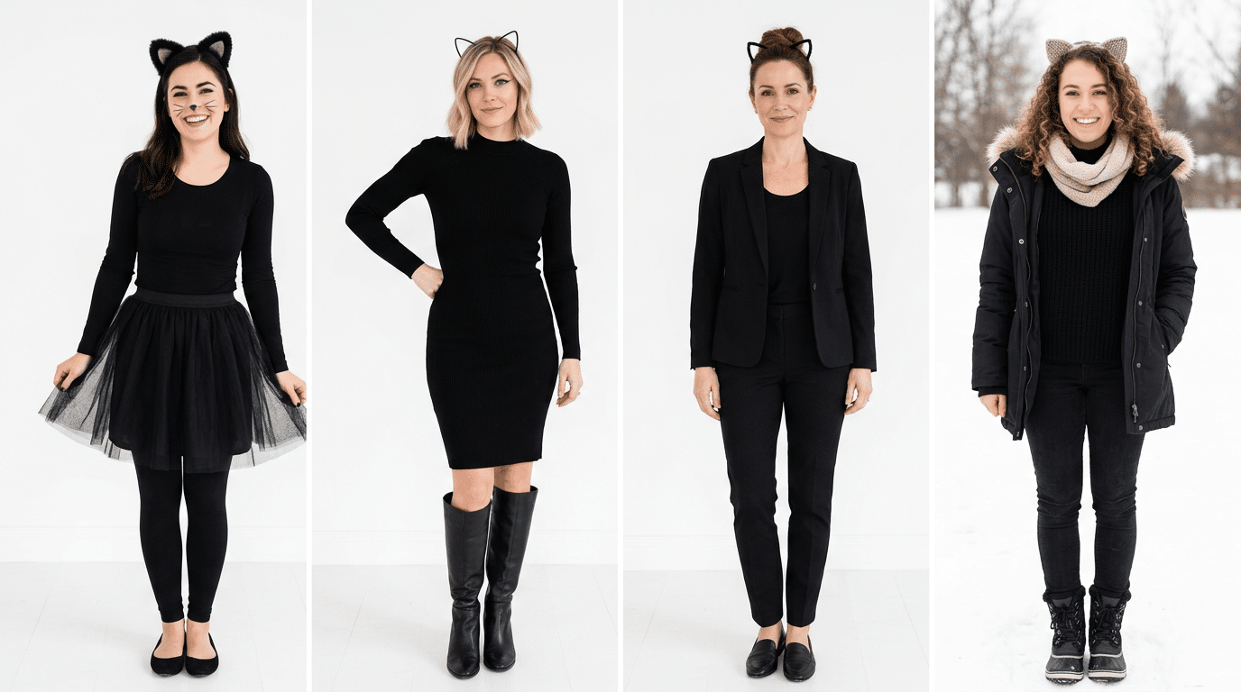 four women wearing easy cat costume outfits with cat ears, featuring casual, chic, office-friendly, and winter-ready styles for adults