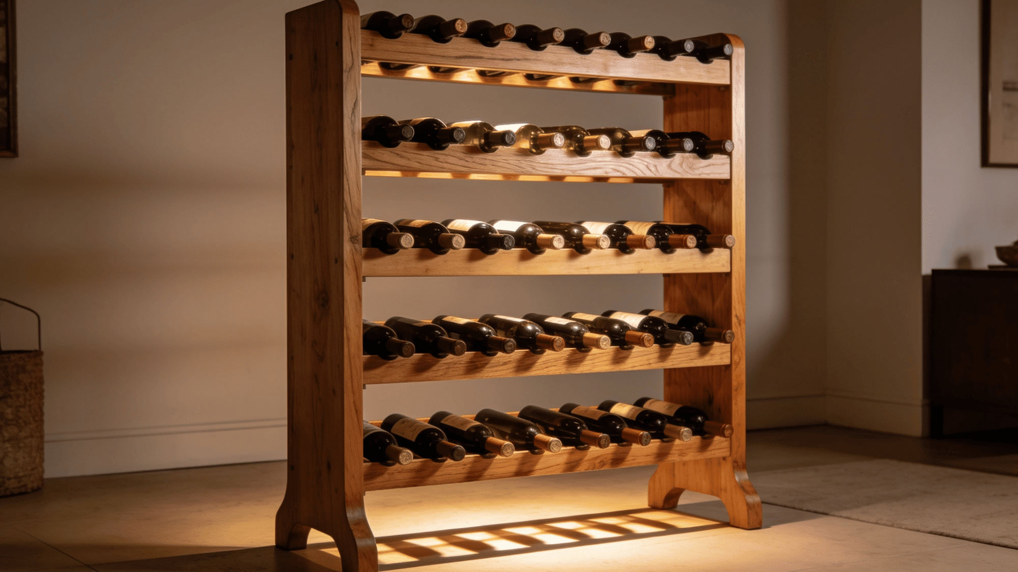 _freestanding wooden wine rack with oak dowel rails holding bottles in a warm living room