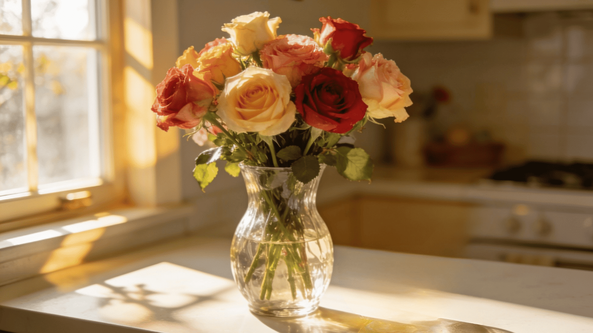 fresh roses in glass vase beside homemade diy flower food bowl on a sunlit kitchen counter slap