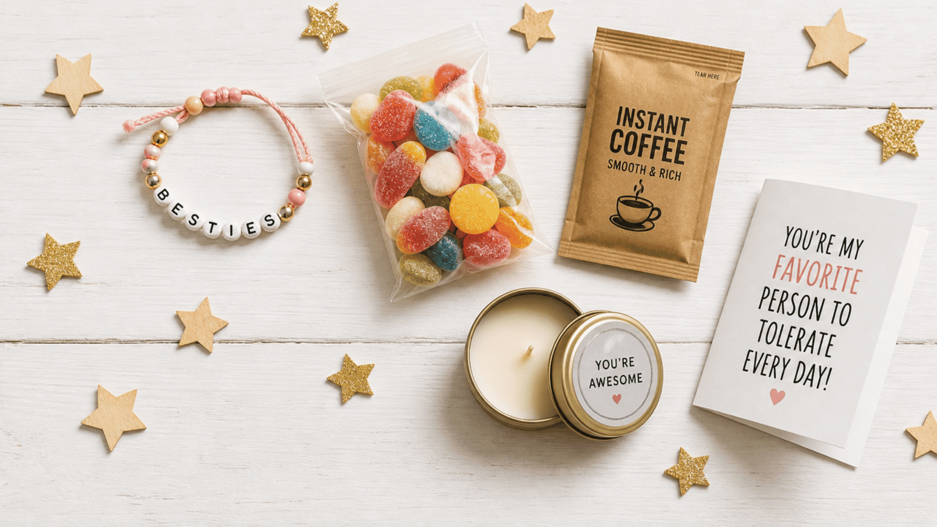 friendship advent calendar with besties bracelet, candy, coffee sachet, funny note, and mini candle