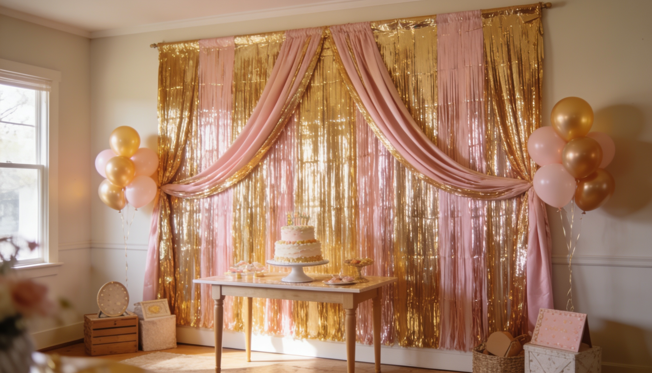 Gold fringe curtain backdrop with balloons for a bright birthday photo wall.