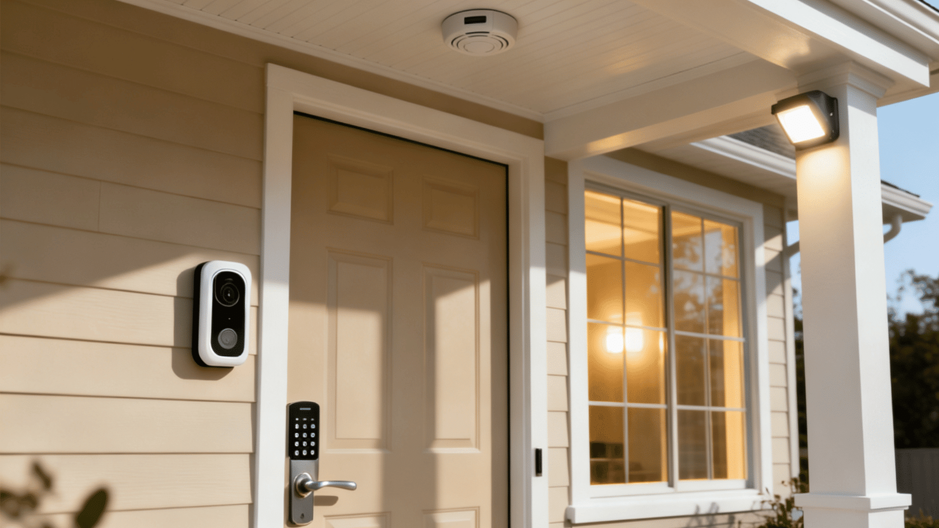 front entrance with smart video doorbell keypad lock and connected home security monitoring system