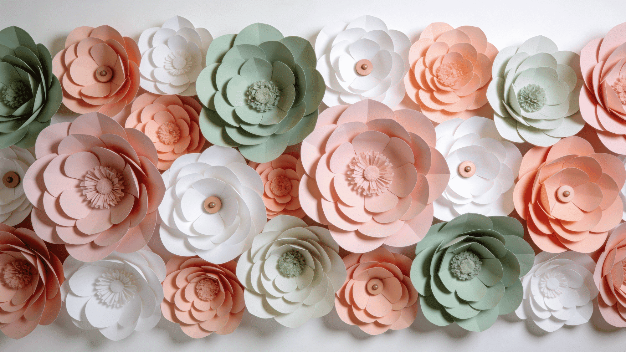 full wall of handmade paper flowers in blush white sage and peach tones as a birthday party decoration