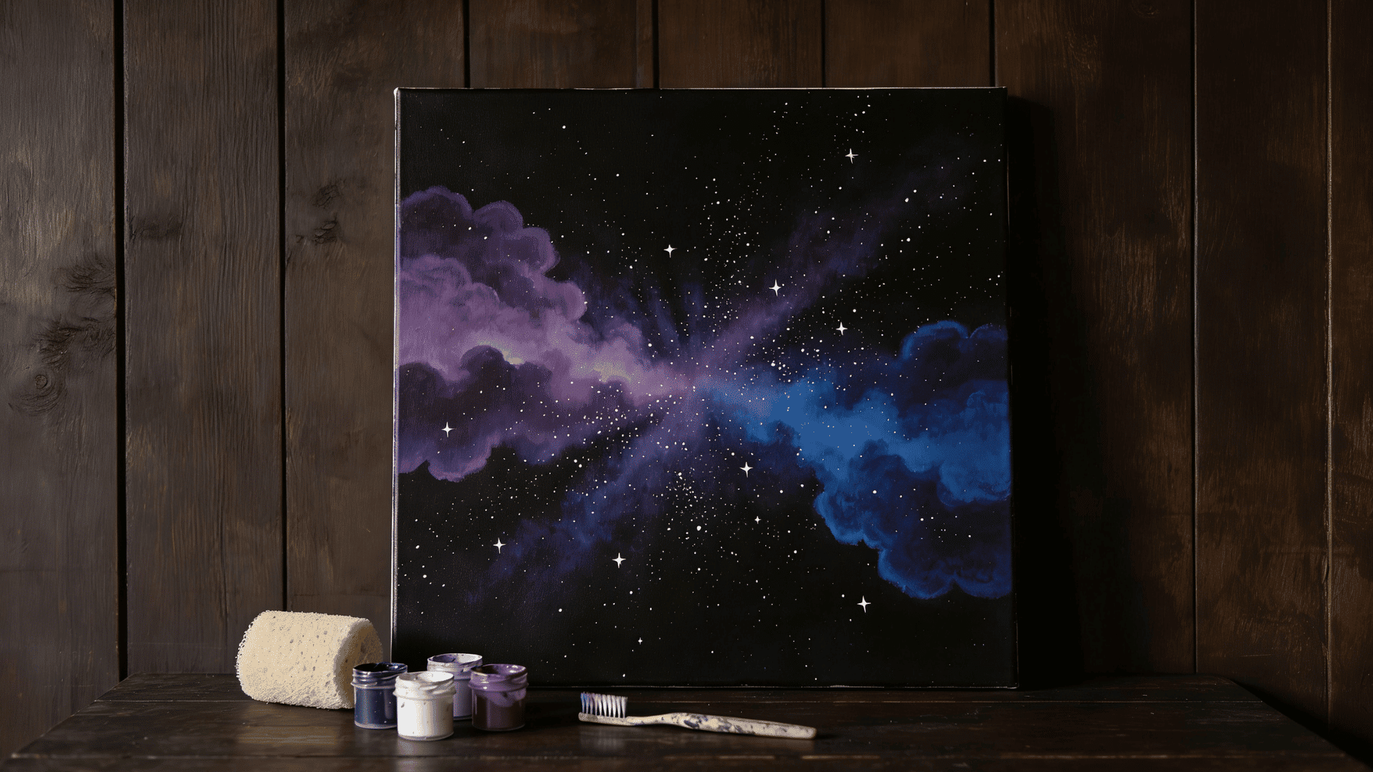 galaxy sponge diy canvas art with purple violet blue nebula clouds and white stars