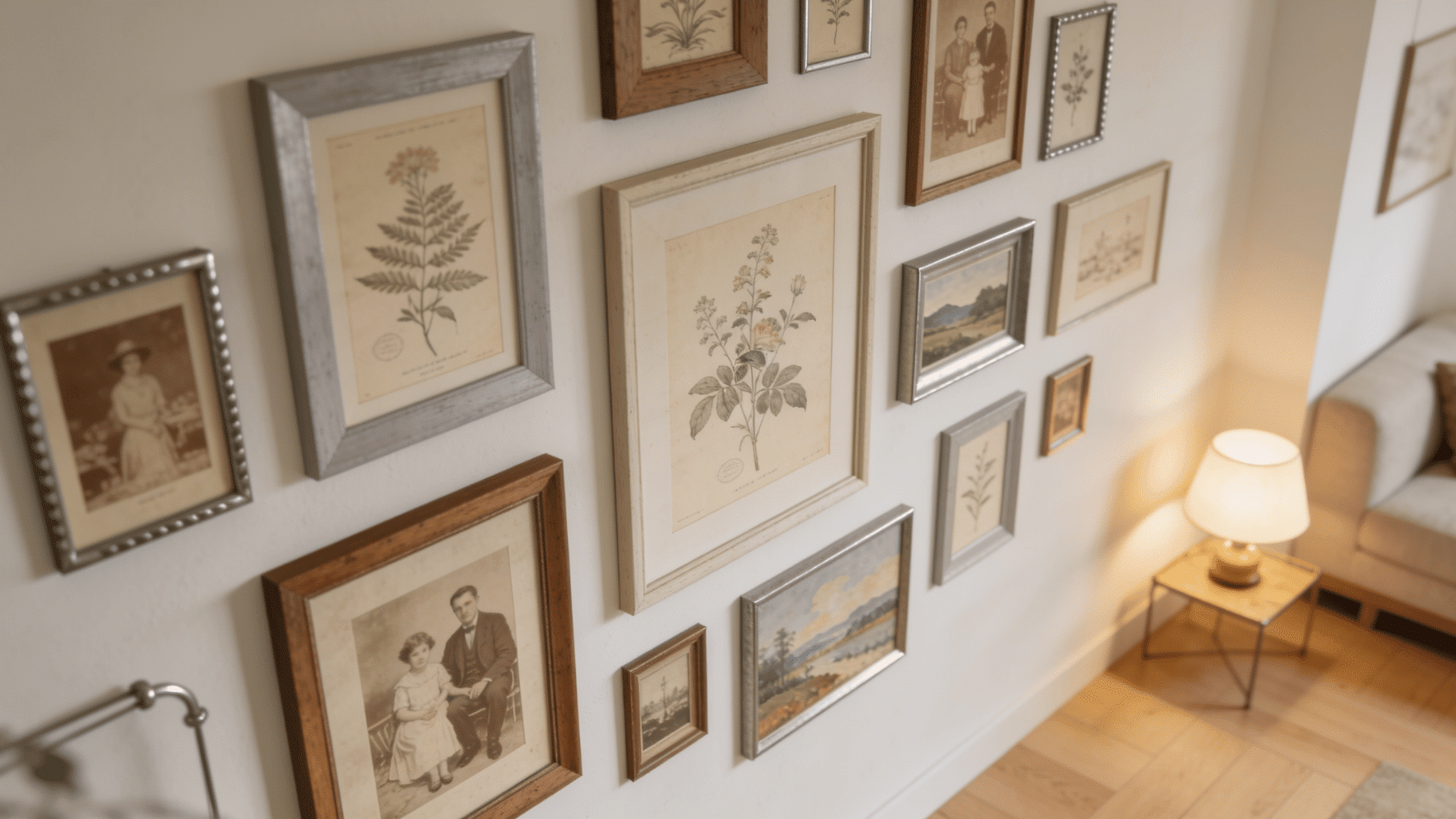 gallery wall featuring botanical illustrations family portraits and landscape prints in mixed antique style frames