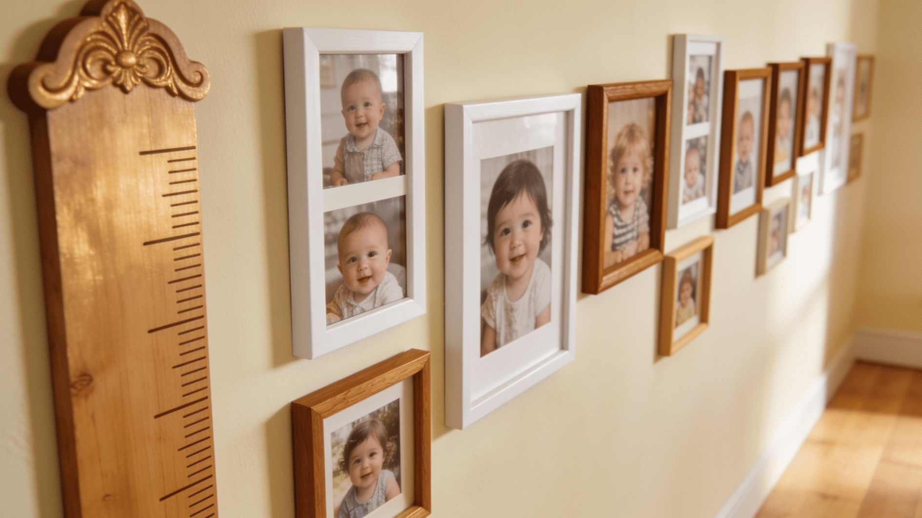 gallery wall featuring framed baby and child portraits beside a wooden growth chart creating a family memory display