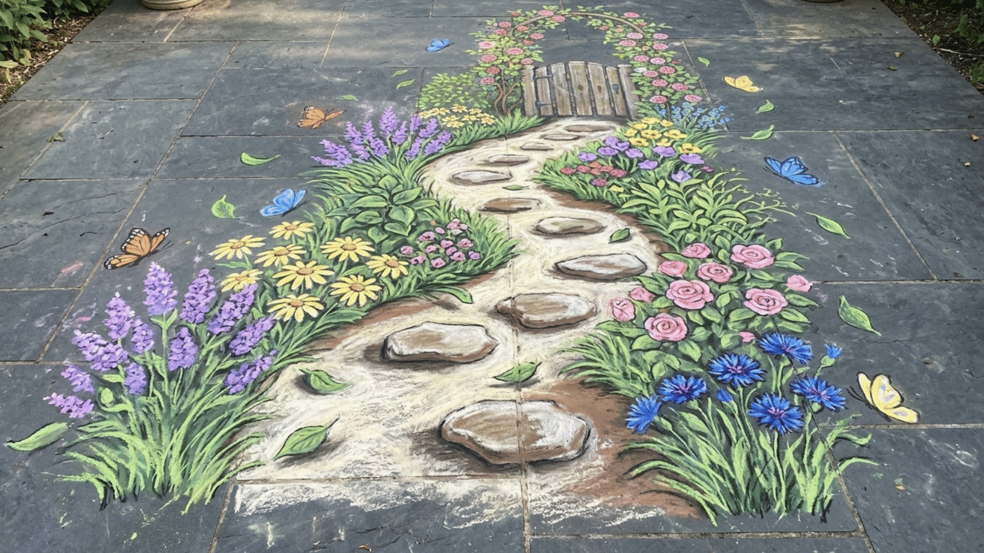 charming chalk art garden pathway with a winding path, stepping stones