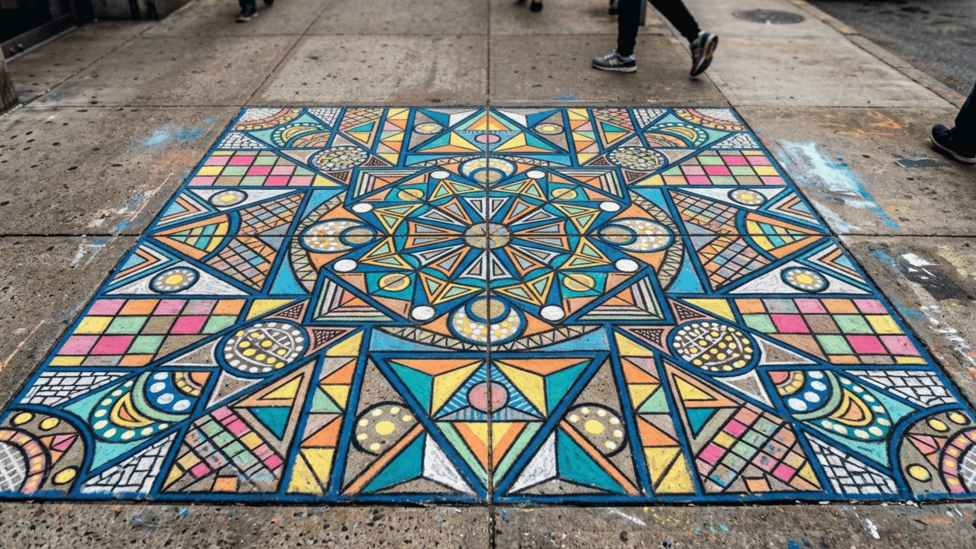 modern geometric chalk art pattern with triangles, circles, squares, clean lines, colorful blocks