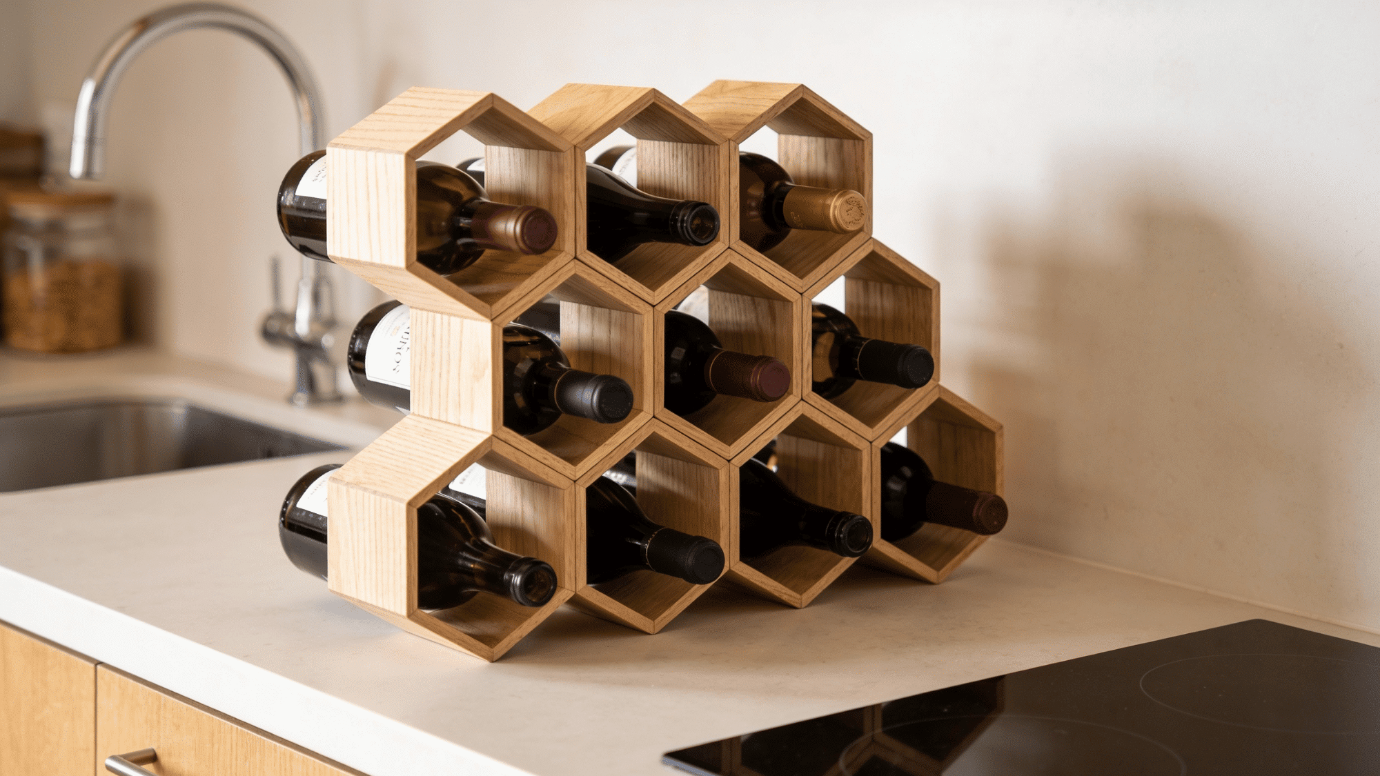 geometric honeycomb wood wine rack with hexagonal cells on kitchen counter minimal style