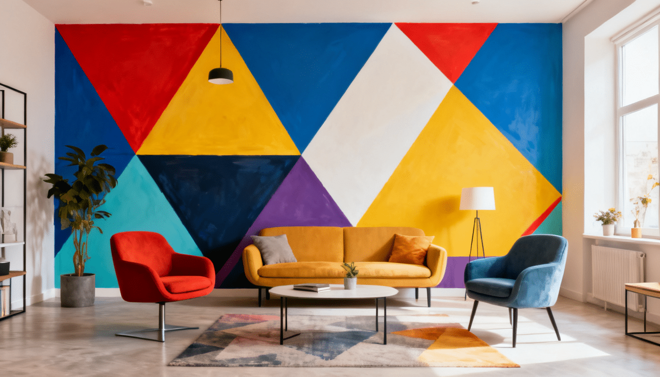 Geometric tape art accent wall with sharp painted shapes in a bright modern room