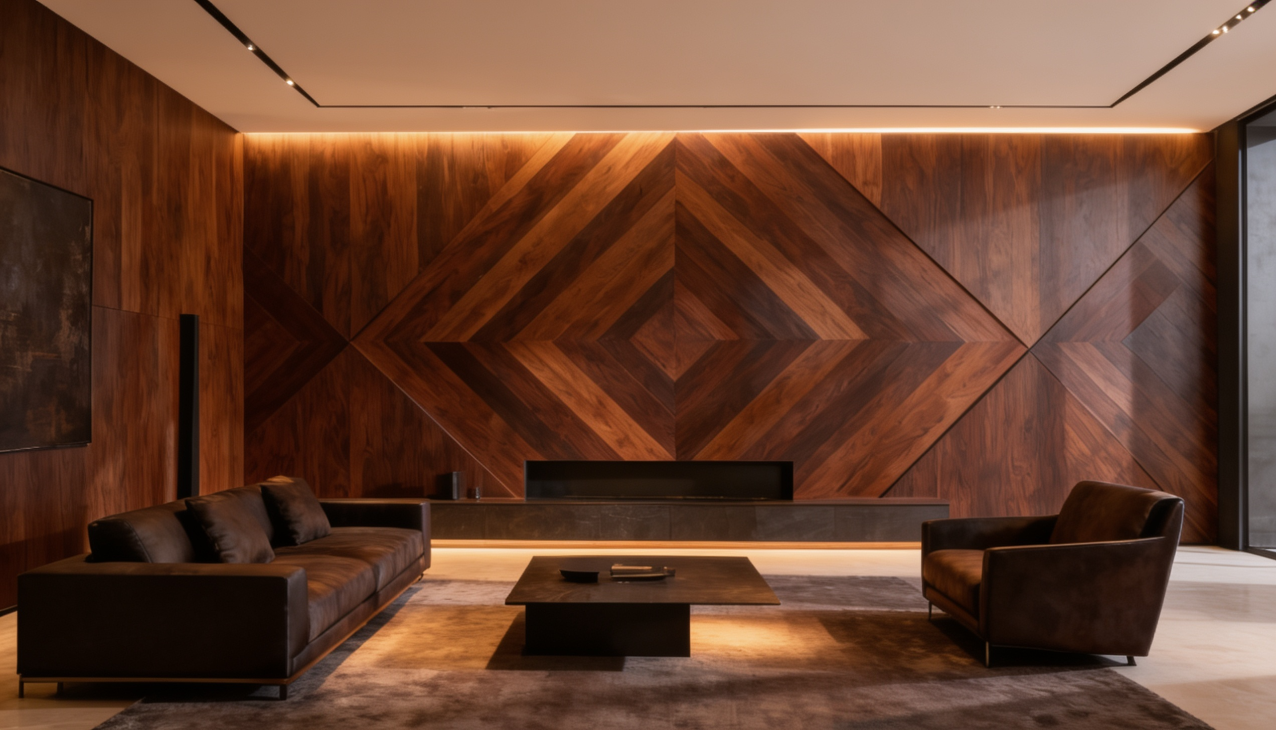 Geometric wood paneling wall with angled trim shapes in a modern interior
