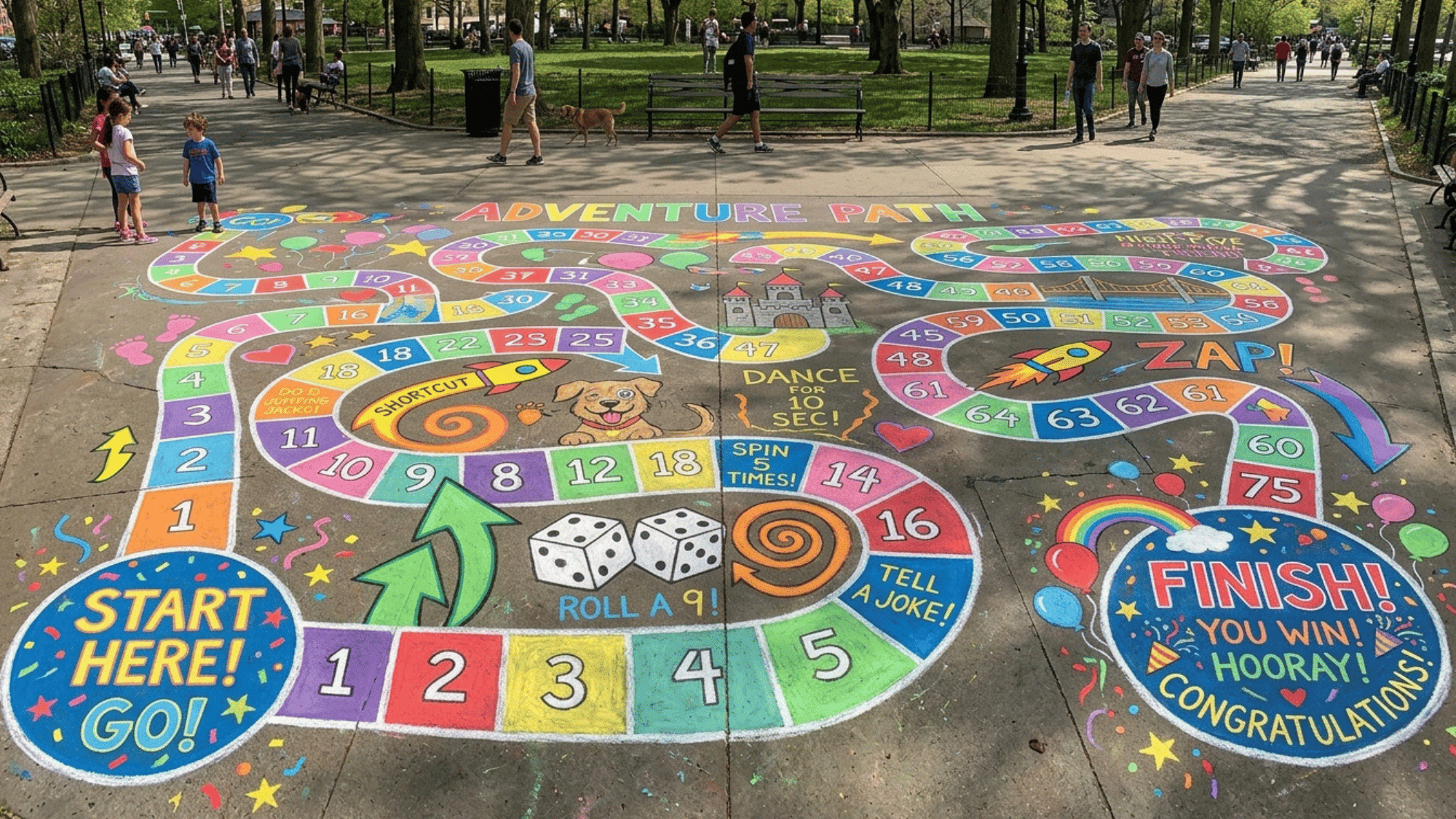 giant sidewalk chalk board game with numbered spaces, arrows, colorful shapes