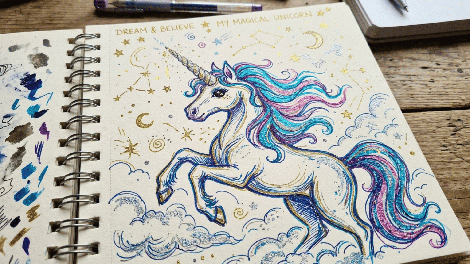 realistic sketch file drawing of a magical unicorn made with glitters