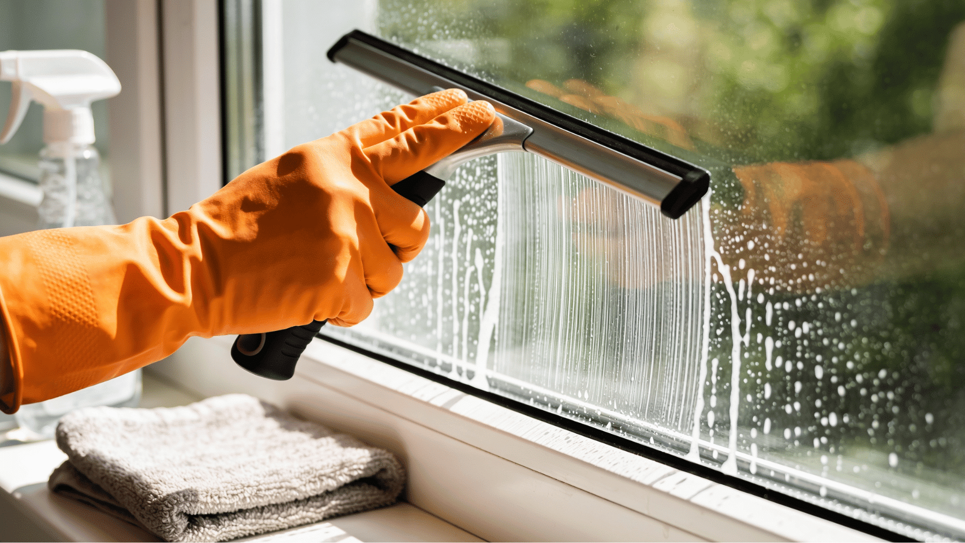 gloved hands cleaning window with squeegee and glass cleaner during home spring cleaning checklist