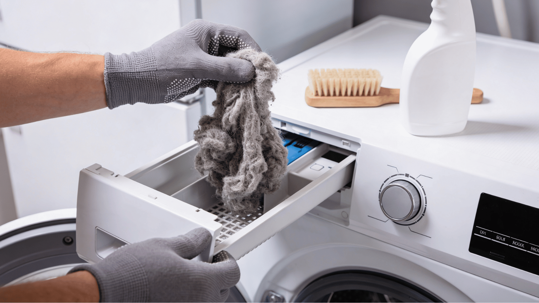 gloved hands removing lint from dryer trap during laundry room deep clean on home cleaning schedule