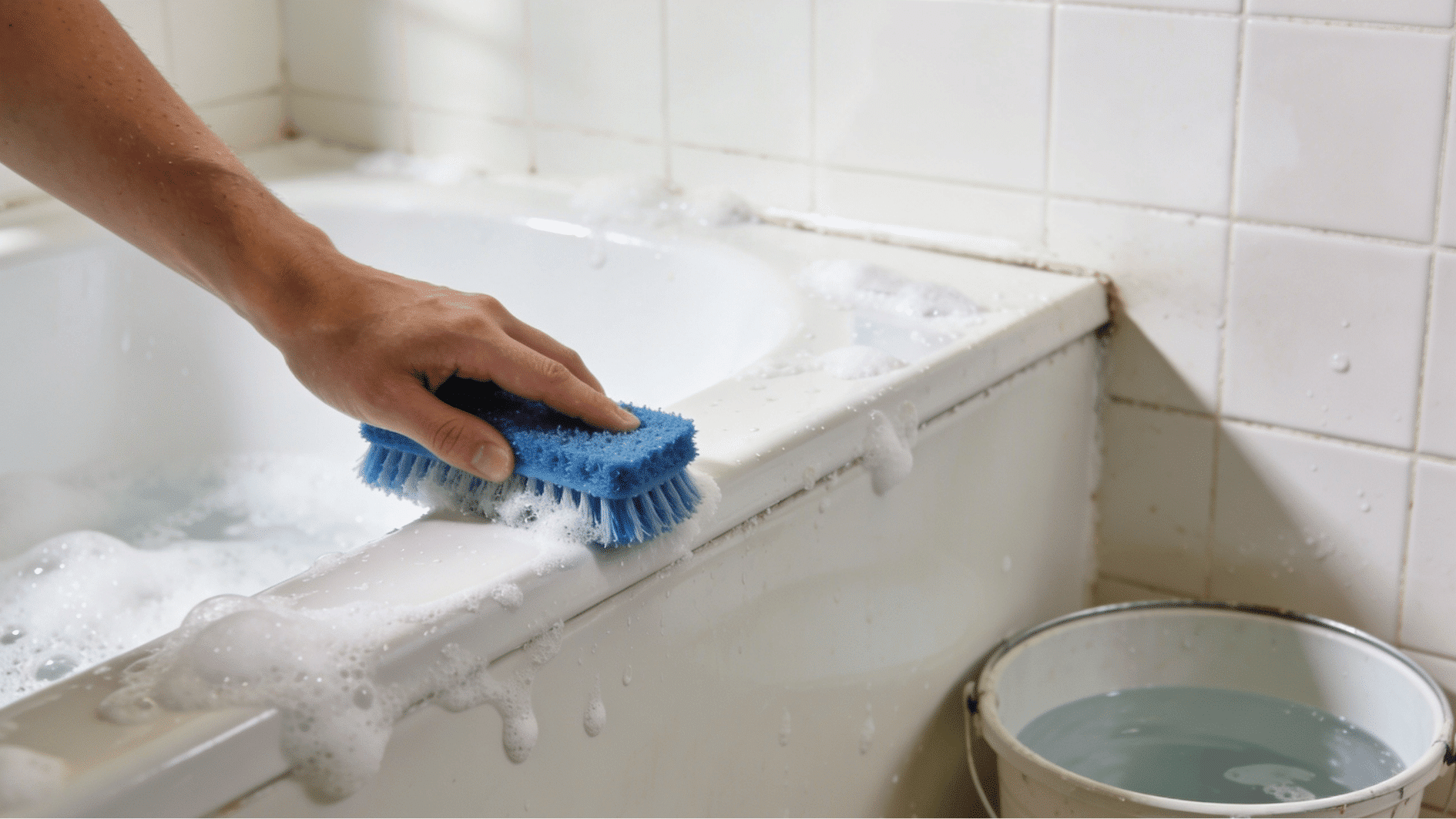 gloved hands scrubbing bathroom tile grout with toothbrush during deep spring cleaning at home