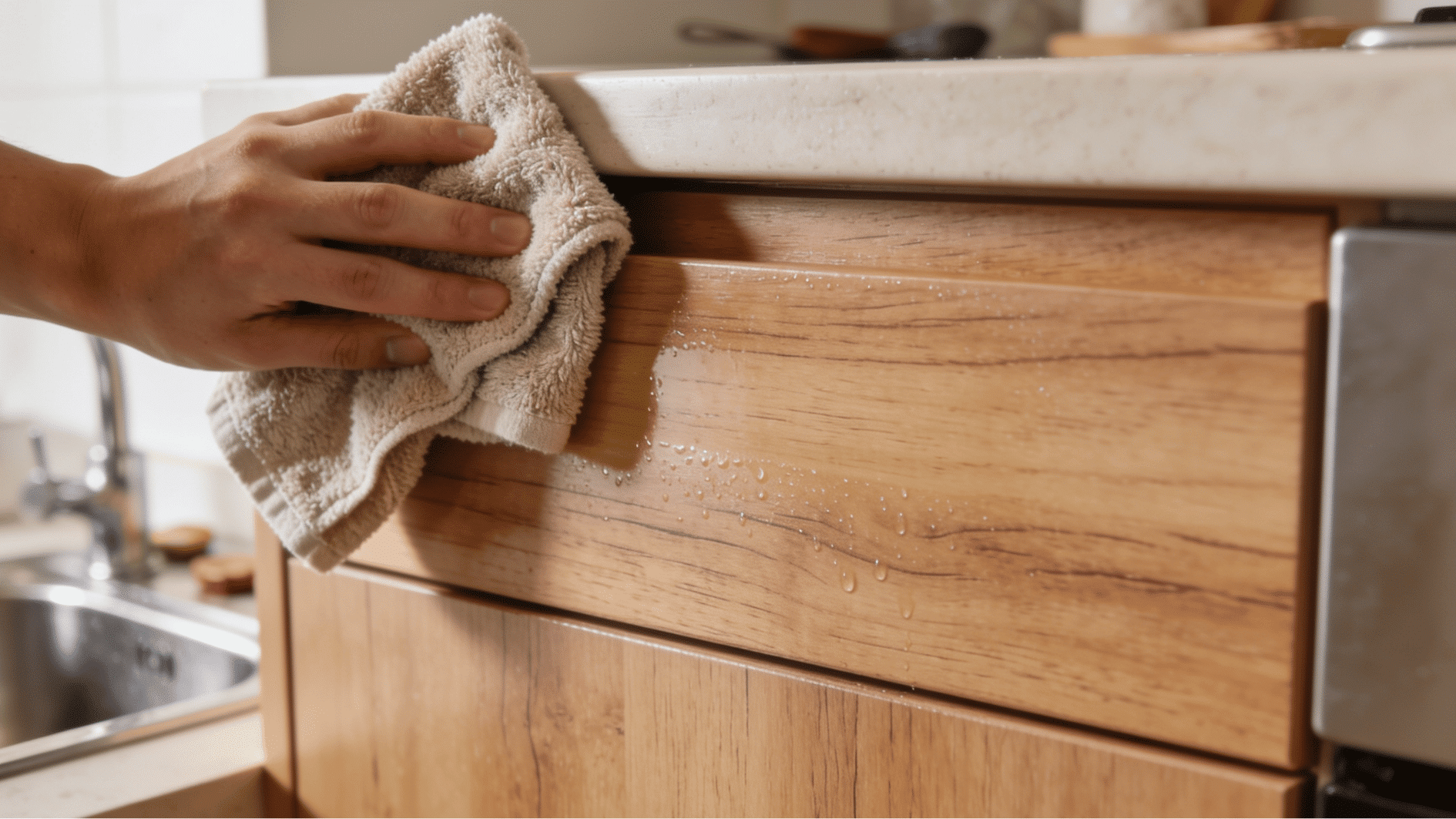 gloved hands scrubbing greasy stovetop with brush and cleaner as part of spring cleaning checklist