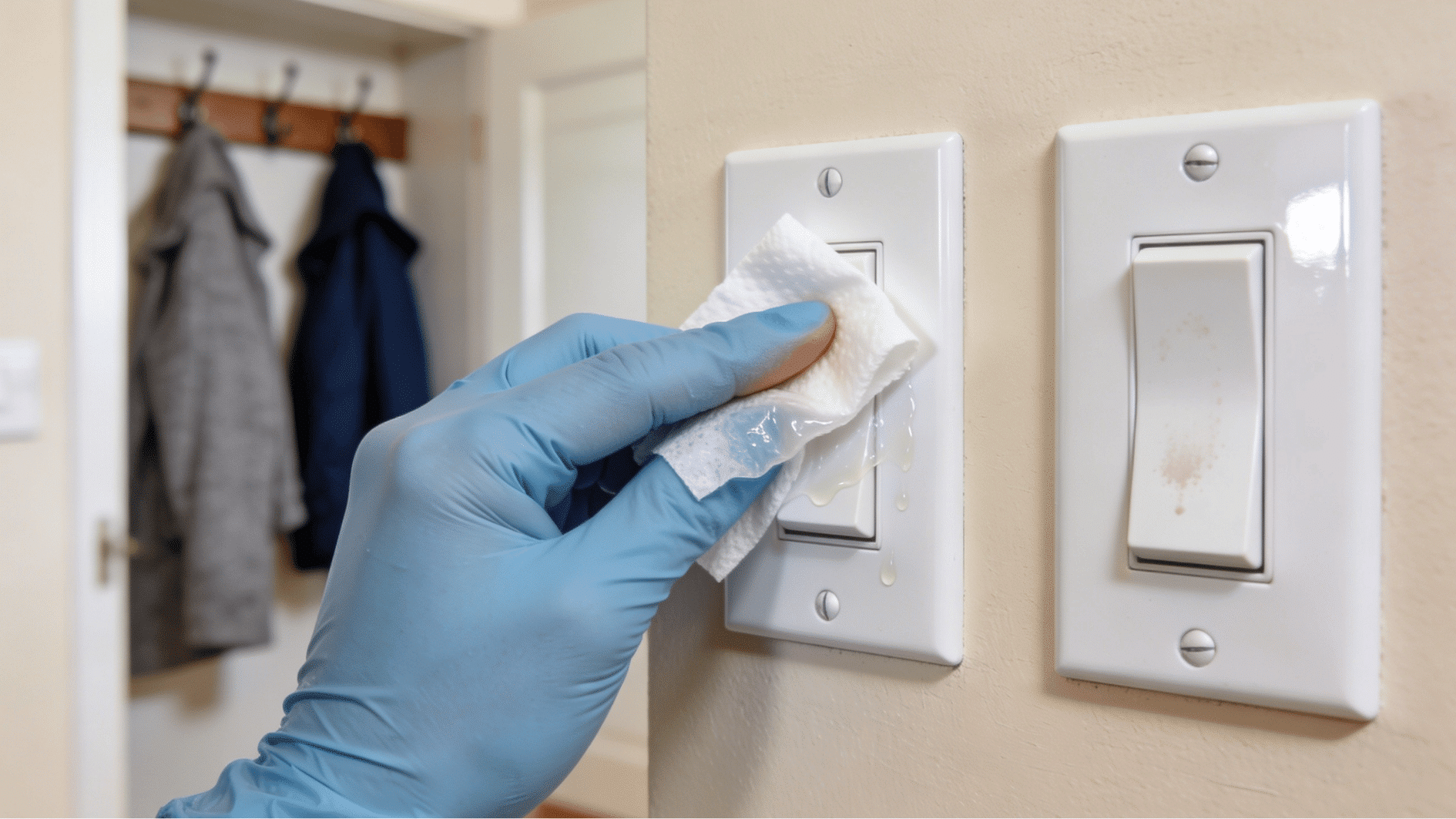gloved hands wiping light switch with disinfectant wipe during overlooked zone spring cleaning checklist