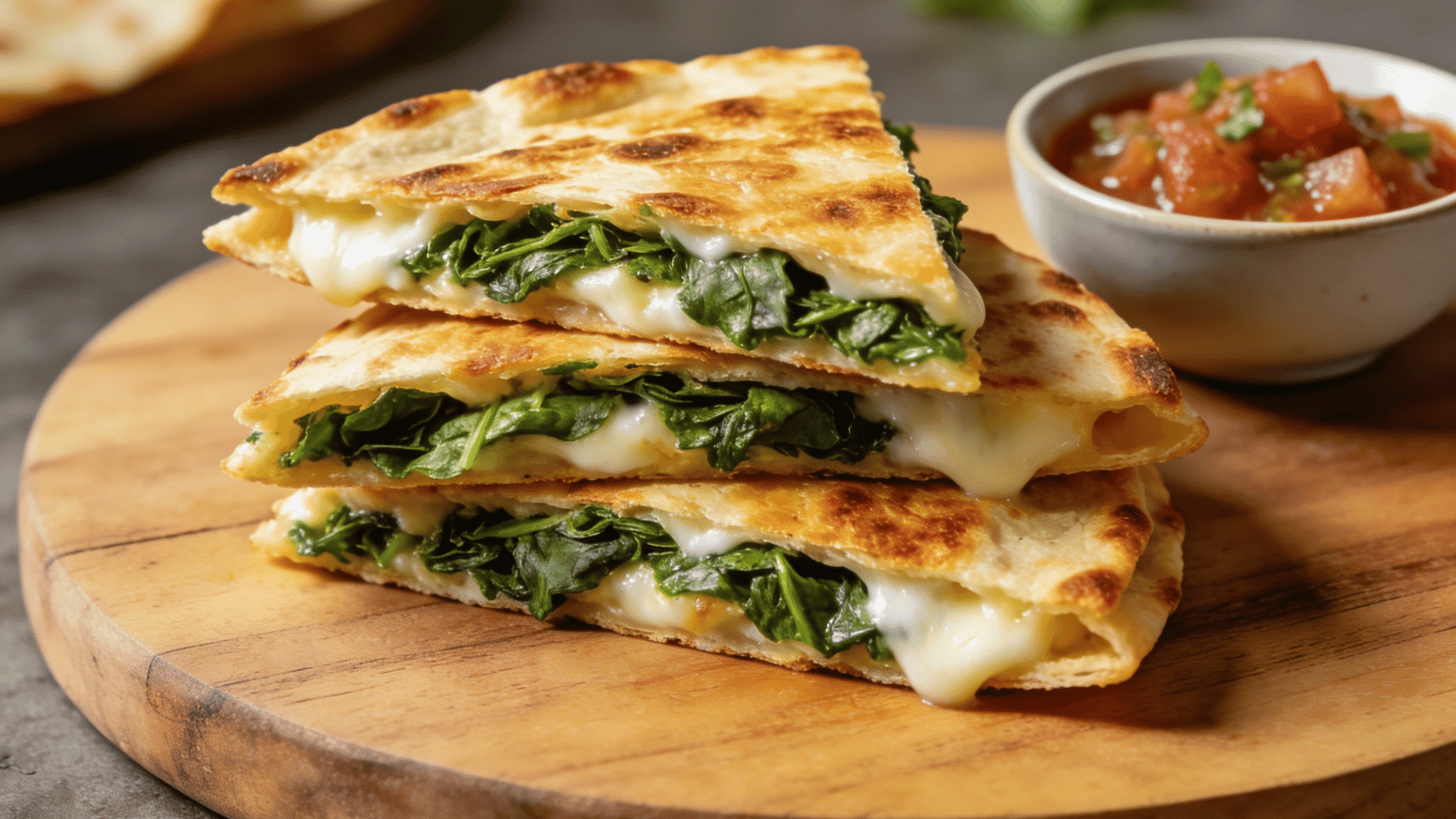 golden cheesy quesadilla wedges with hidden spinach on wooden board, easy healthy meal for kids