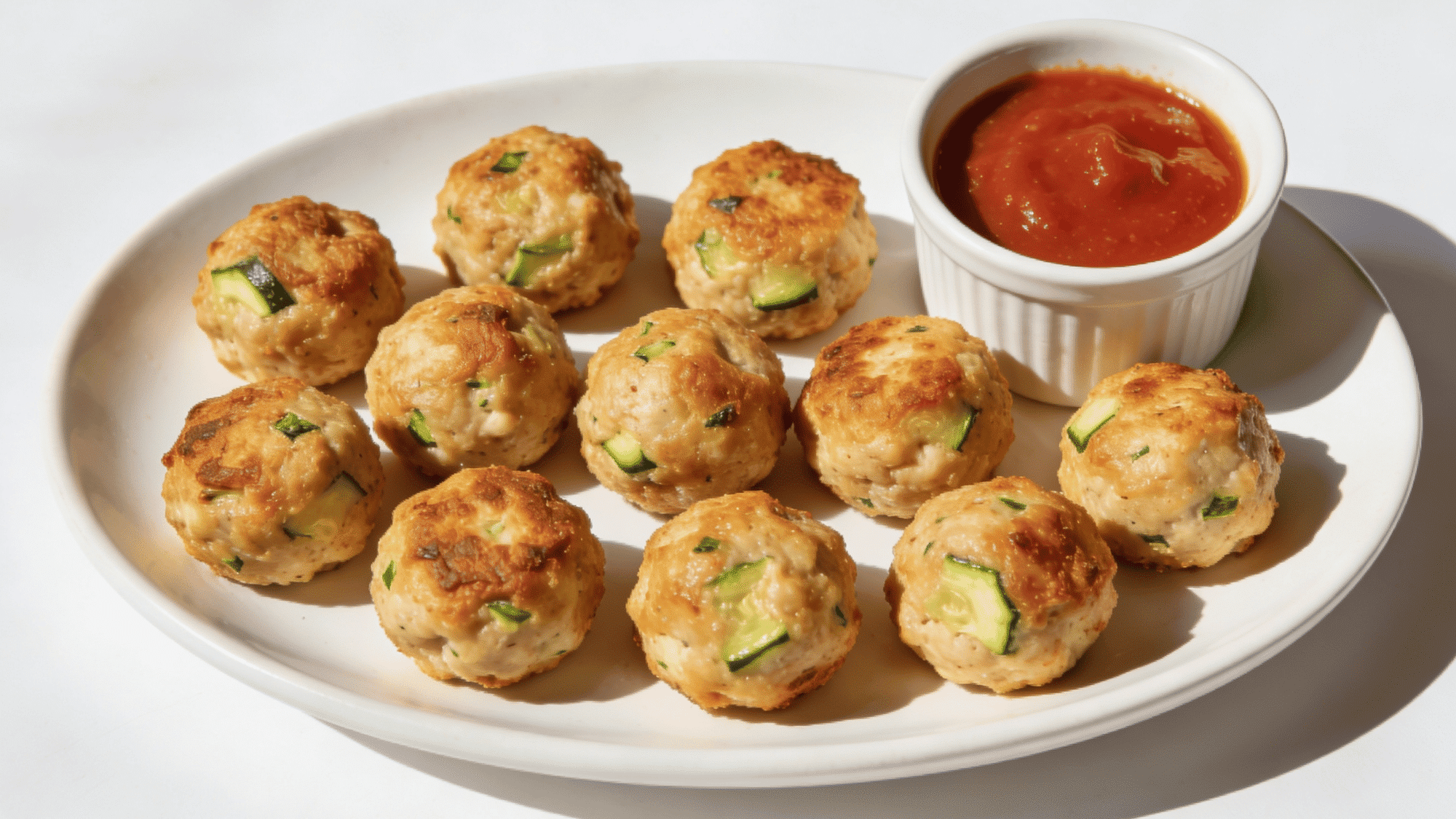 golden chicken veggie meatballs on white plate with marinara dipping sauce, healthy quick meal ideas for kids