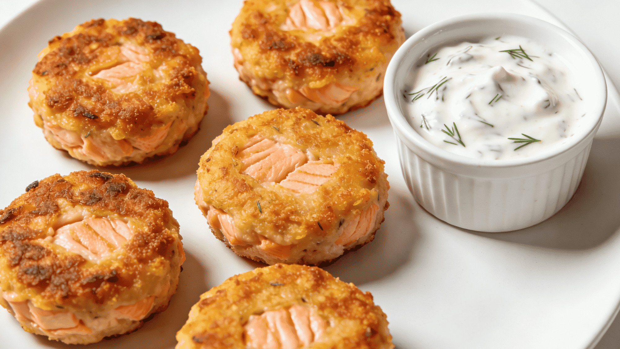 golden mini salmon patties on white plate with yogurt dill dipping sauce, healthy quick meal ideas for kids