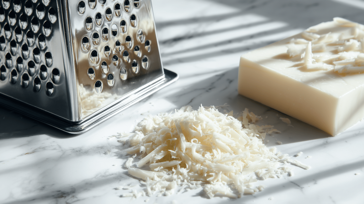 grated white soap beside a metal grater on a marble countertop, ready for homemade laundry detergent powder