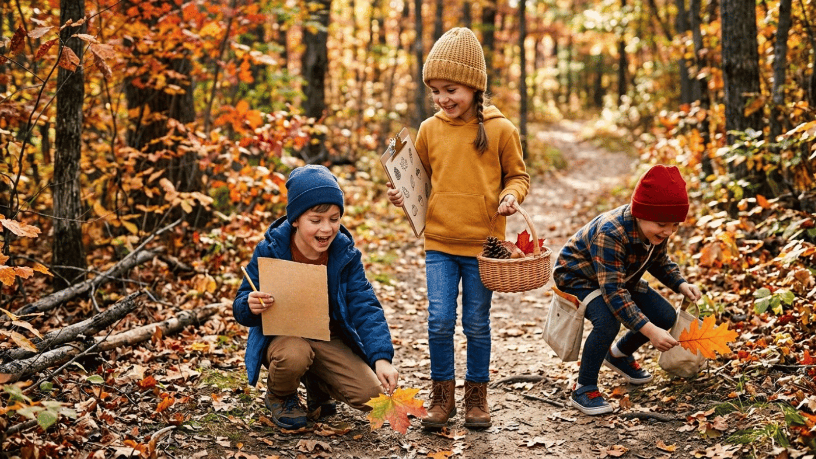 group of children exploring a park during autumn, examining leaves and items for a scavenger hunt among vibrant fall trees