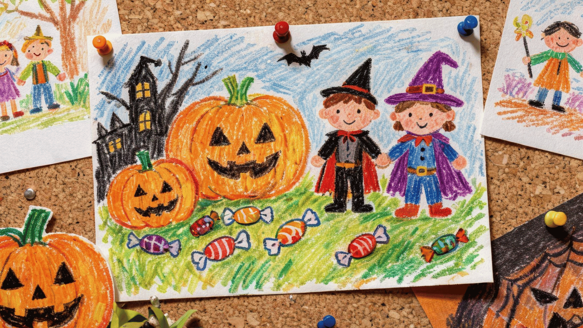 halloween themed child drawing with pumpkins costumes candy and haunted house pinned to a corkboard