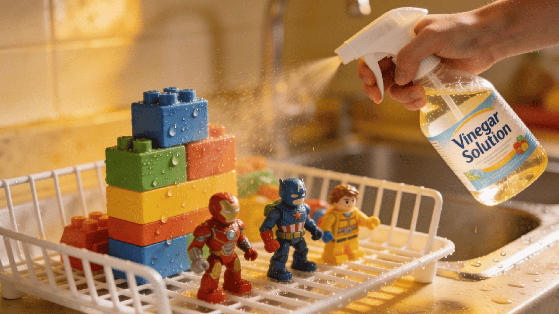 hand spraying vinegar solution on colorful toy blocks and action figures in a drying rack for cleaning