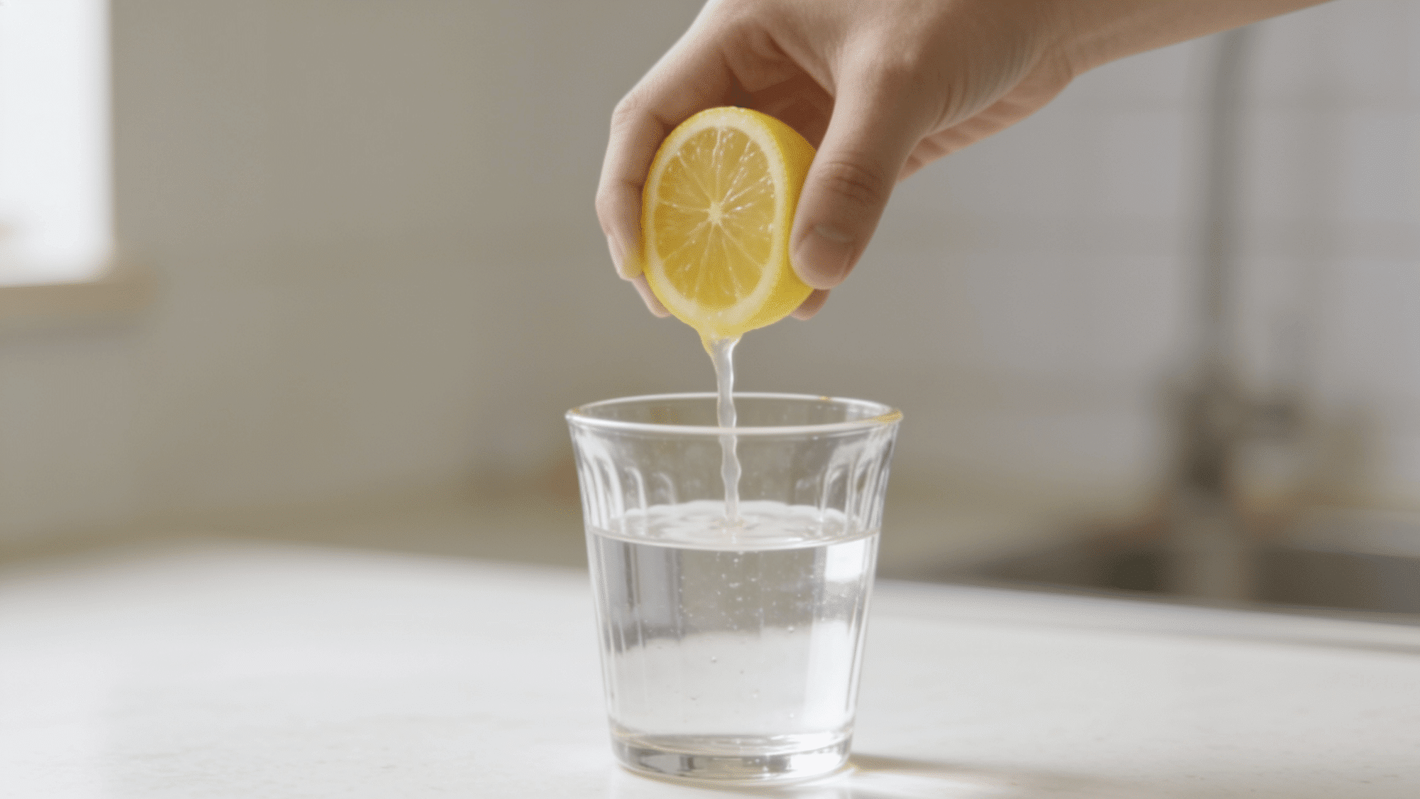 hand squeezing fresh lemon juice into a clear glass of water on a kitchen counter in bright natural light