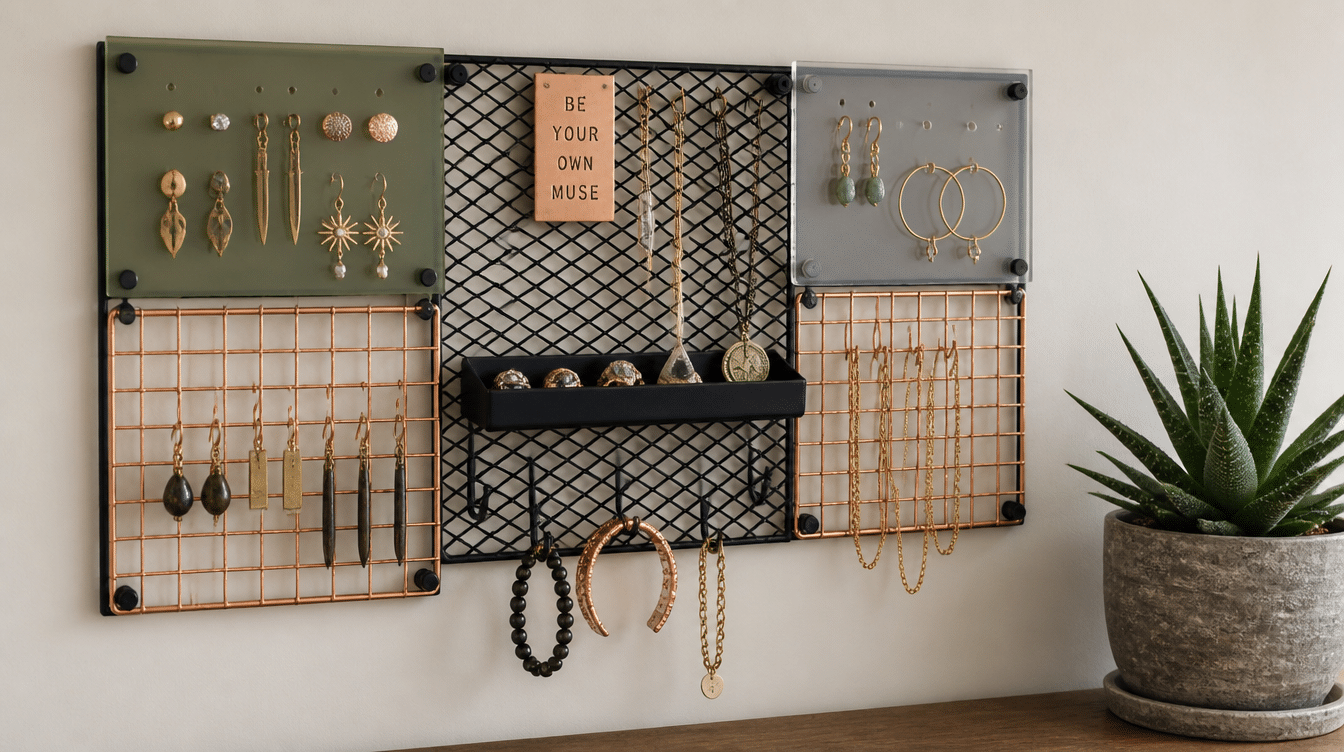 A modern DIY wall jewelry organizer with acrylic panels, copper wire grids, and black metal mesh displaying earrings and necklaces.