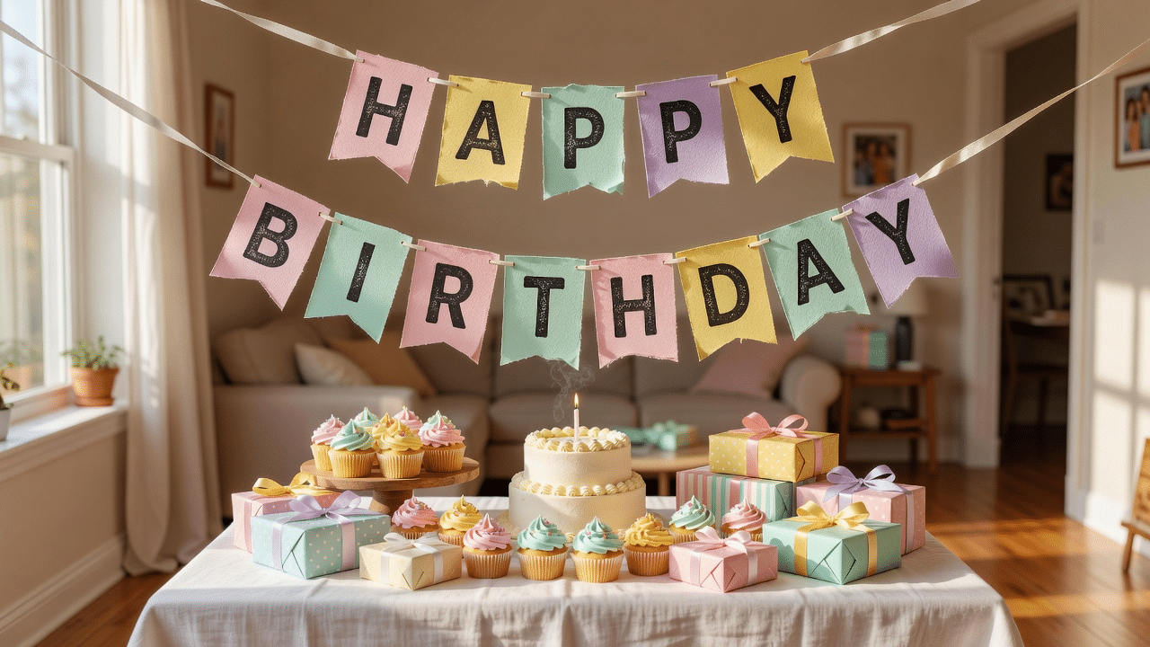 DIY birthday party banner hanging above a pastel cake table at home.