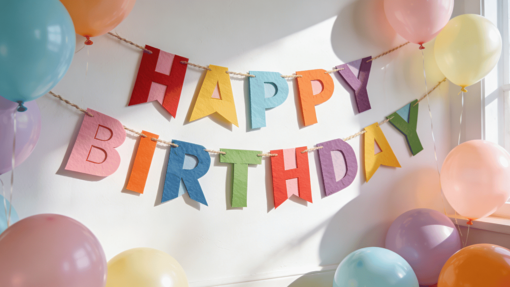 handmade happy birthday pennant banner with cardstock flags glitter and twine on a white wall with balloons