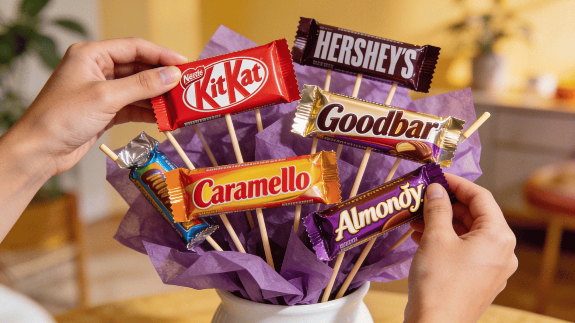 hands arranging a chocolate candy bouquet with kitkat hersheys and assorted candy bars on wooden sticks in a vase