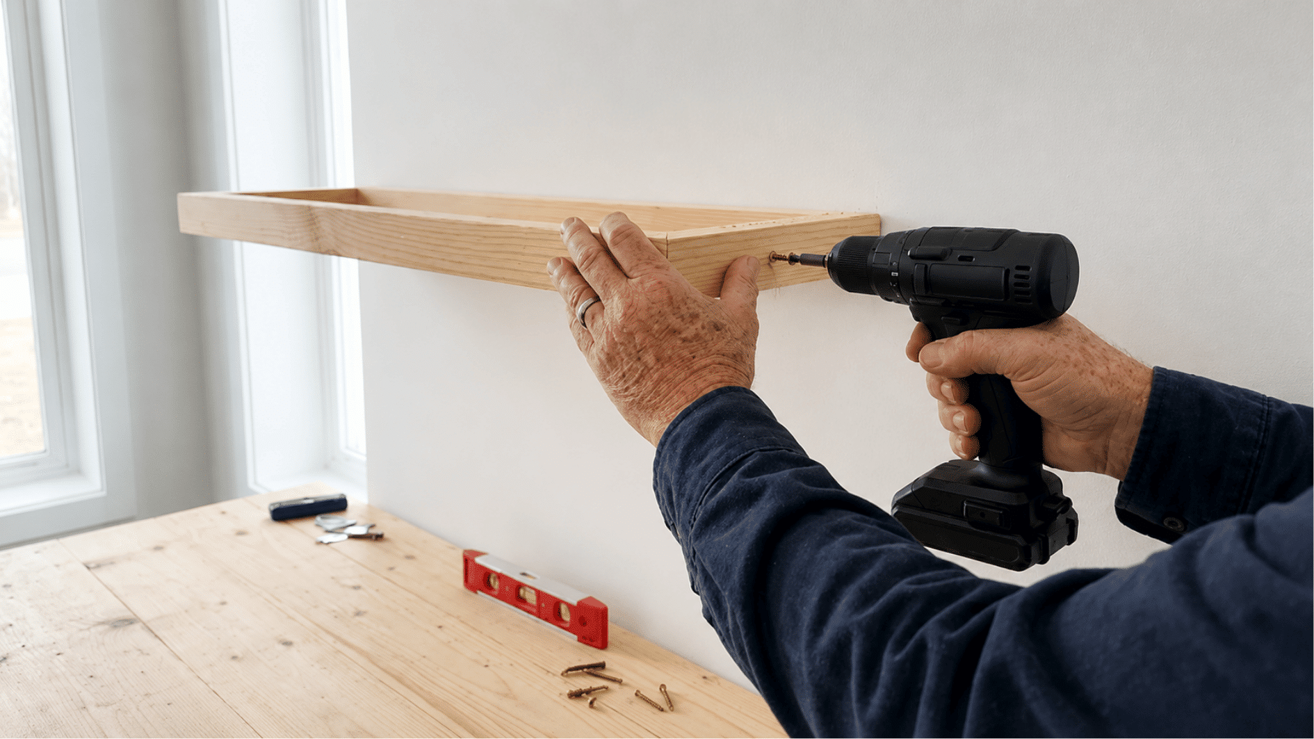 Hands mounting the pine support frame horizontally onto a white wall with a cordless drill.